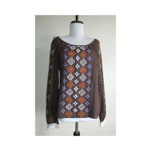 Tory Burch Brown Cotton Peasant Colorful Embroidered Eyelet Top Blouse Size 4